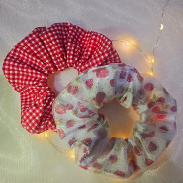 Bundle of one cotton scrunchie and one cotton scrunchie with a layer of organza over the top