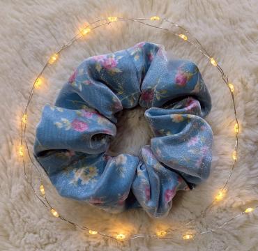 Blue floral cotton scrunchie
