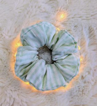 White cotton scrunchie with pastel green stripes