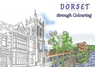 Illustration of the Dorset Museum going into a coloured illustration of Cutt Mill