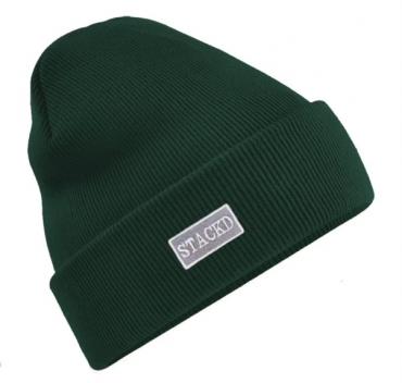 Dark green ribbed beanie with STACKD logo 