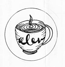 A Coffee cup filled with a hot drink with a central flame burning from the top of the drink. It has the company name Alev printed on the side of the cup.