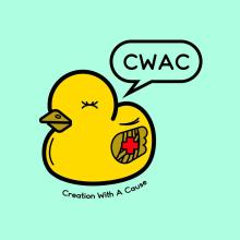 Image of rubber duck with speech bubble saying 'cwac' (pronounced quack). Business name, Creation With  A Cause is displayed below