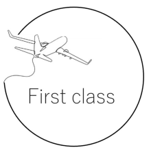 Airplane with trailing line turning into a circle around the words "first class"