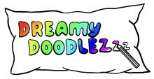 A pillow with the words Dreamy Doodlezzz in rainbow text and a pen colouring