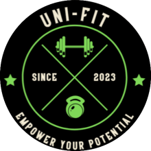 A circular black Badge with green details of a dumbbell and kettlebell with uni-fi displayed along the top