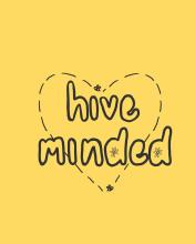 bubble lettering „hive minded“ with heart outline and bees