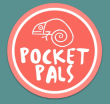 Pink and teal logo with chameleon and text "Pocket Pals"