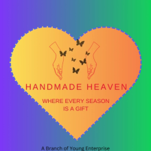 A tan colour heart on a blue green background with hands and birds reading "Handmade Heaven - Where Every Season is a Gift""