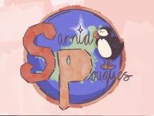 The Sarnia Pouques logo - a drawing of Guernsey with a puffin on top and the words "Sarnia Pouques"
