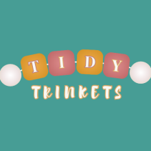 a teal blue background with the name tidy trinkets, the word tody is arranged as a bracelet alternating between orange and pink.