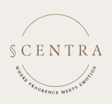 A dark beige Scentra, over a light beige background in a circle surrounded by Where Fragrance meets emotion.