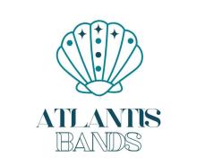 An image of a clam with beads and decoration on it, and the name Atlantis Bands written underneath. In a bold font with a theme of blues.