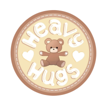 A teddy bear with open arms in a circle surrounded by the words 'Heavy Hugs' with a heart on either side of its arms 