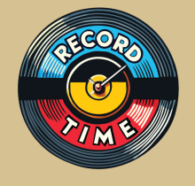 A Black record on a beige background, with blue and red inlay, with a yellow clock mechanism in the middle, the words Record and Time around the middle in bold