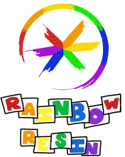 A Multi Coloured Wheel Logo with matching coloured Rainbow Resin words underneath