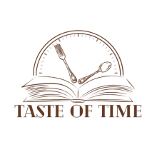 A book with a clock behind it. The hands of the clock are a fork and spoon.