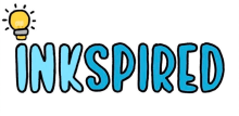 The image shows the word “INKSPIRED” written in a bold, playful, blue font. The first letter "I" is stylised to look like a light bulb, indicating our mission