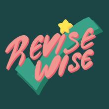 Green tick with pink words saying revise wise!