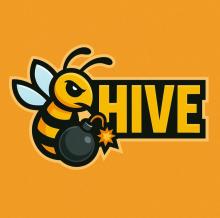 An image showing a animated cartoon bee holding a lit explosive next to the word HIVE