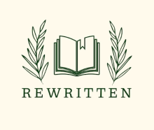 An open book, with 2 leaves either side of it and the company name ReWritten in capital letters at the bottom of the logo. All in a forest green colour with a cream background