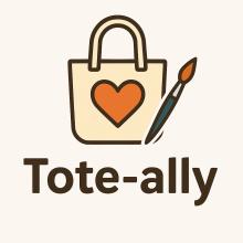 A tote-bag with a love heart in the middle with a paint brush next to it with the words "Tote-ally"