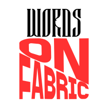 a logo that says "words on fabric" "words" is in black, "on fabric" is in red