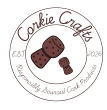 A circular logo for our business named 'Corkie Crafts', having a rustic and eco-friendly design 