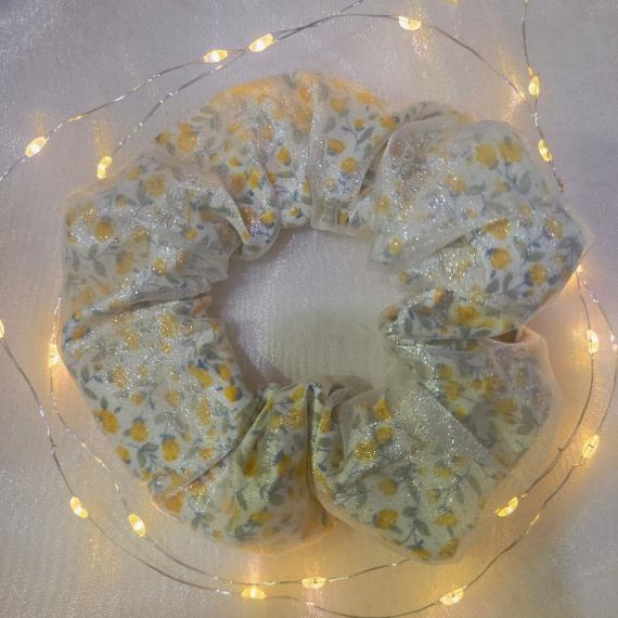 White cotton scrunchie with marigold pattern