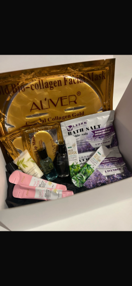 This image shows the content of our boxes. Which consists of face masks, bath salts, lotions and eye masks