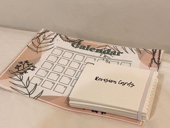 Close up of the calendar and revision cards