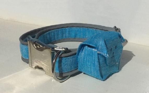 Blue Hemp Material Collar. Metal buckle set and a pocket for the GPS.