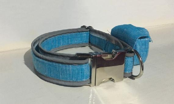 Blue Hemp Material Collar. Metal buckle set. Pocket for the GPS.