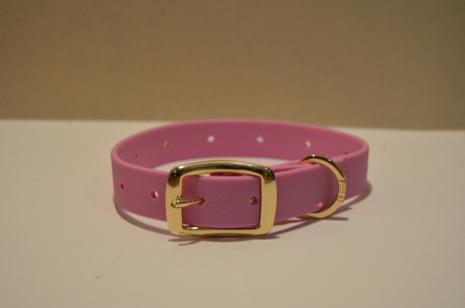 A pink dog collar with a gold buckle