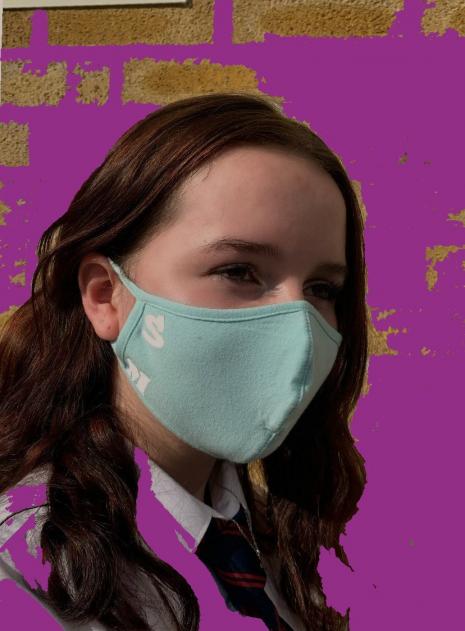 light blue face-mask with patches, the color of patches are available in black and white
