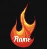 It's a black background with a flame in the middle with the company name on the flame in white