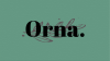 Logo in black spelt 'Orna', with a green background and semi transparent maroon leaf.
