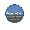 Pops n Clox logo - clock background on blue image