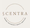 A dark beige Scentra, over a light beige background in a circle surrounded by Where Fragrance meets emotion.