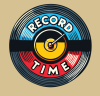 A Black record on a beige background, with blue and red inlay, with a yellow clock mechanism in the middle, the words Record and Time around the middle in bold