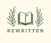 An open book, with 2 leaves either side of it and the company name ReWritten in capital letters at the bottom of the logo. All in a forest green colour with a cream background
